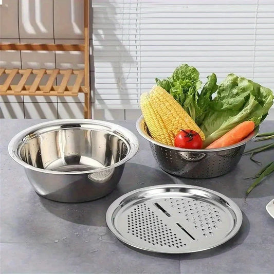3 in 1 Multi-Functional Stainless Steel Drain Basket Thickened Pot Vegetable Cutter Slicer Kitchen Tools Drainage Basin