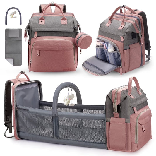 Baby Diaper Bag Backpack with Changing Station, Multifunctional Waterproof Portable Baby Bag for Travel, Pink